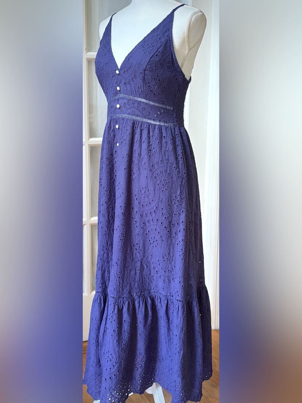 Simplee Cobalt Blue 100% Cotton Eyelet Midi Maxi Dress M Boho Cottagecore - Picture 2 of 14